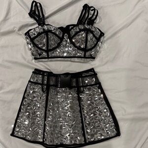 Dolls Kill Crystal Embellished Black Trim Bustier & Mini Skirt Set